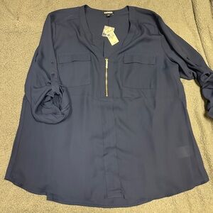 Express Women's Navy Blouse with Gold Zipper